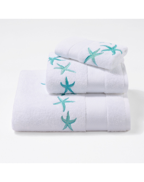 Serviettes éponge brodées STARFISH (blanc-turquoise) - Noël Paris