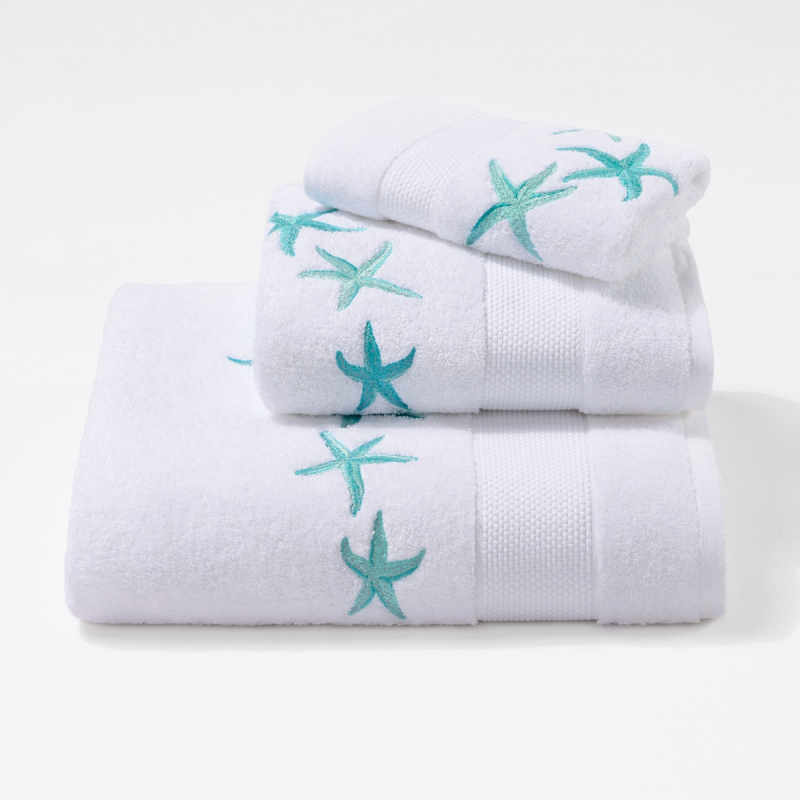 Serviettes éponge brodées STARFISH (blanc-turquoise) - Noël Paris