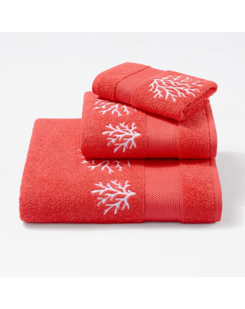 Serviettes éponge brodées CORAUX (corail-blanc) - Noël Paris