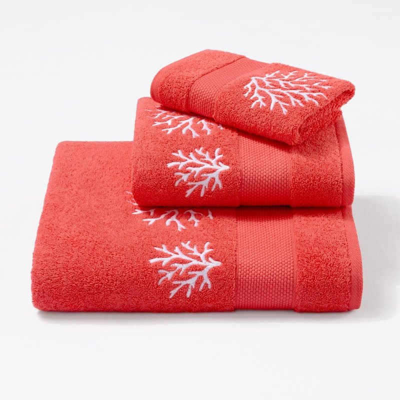 Serviettes éponge brodées CORAUX (corail-blanc) - Noël Paris