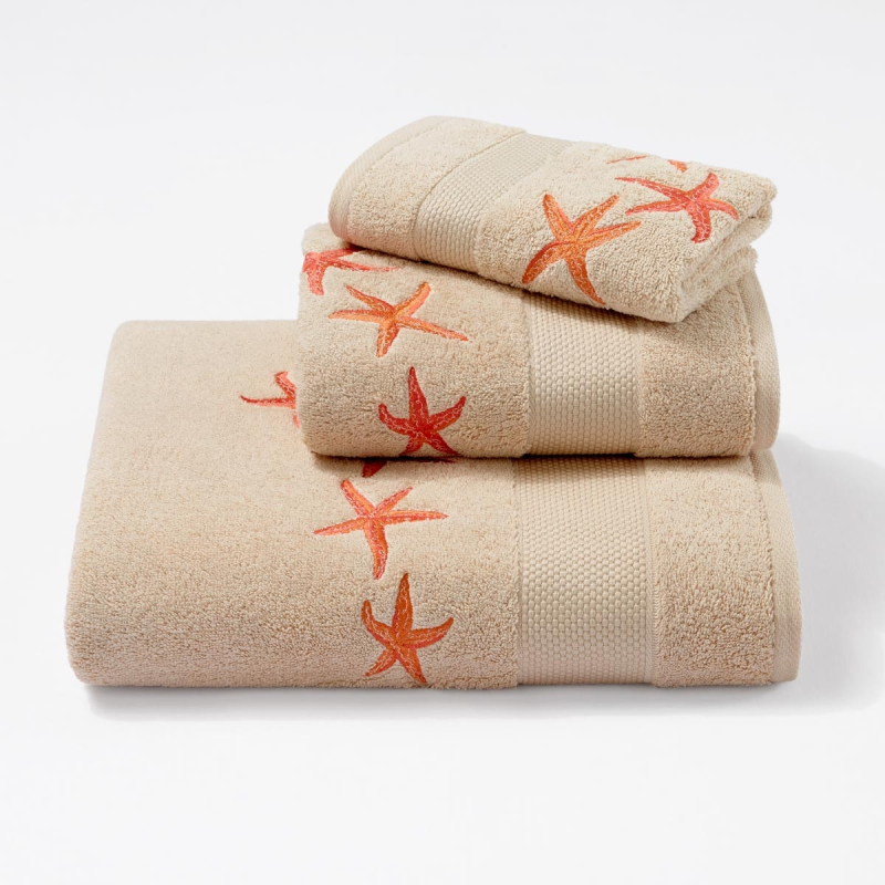Serviettes éponge brodées STARFISH (sable-corail) - Noël Paris