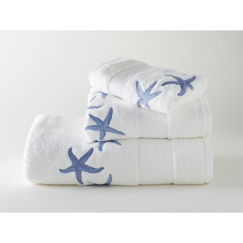 Serviettes éponge brodées STARFISH (blanc - bleu) - Noël Paris