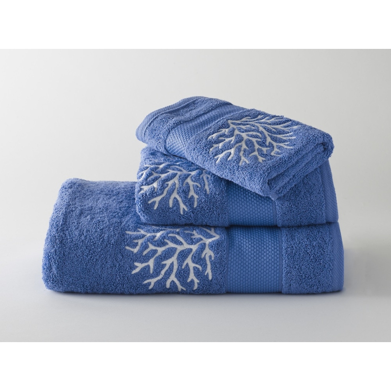Serviettes éponge brodées CORAUX (bleu - blanc) - Noël Paris