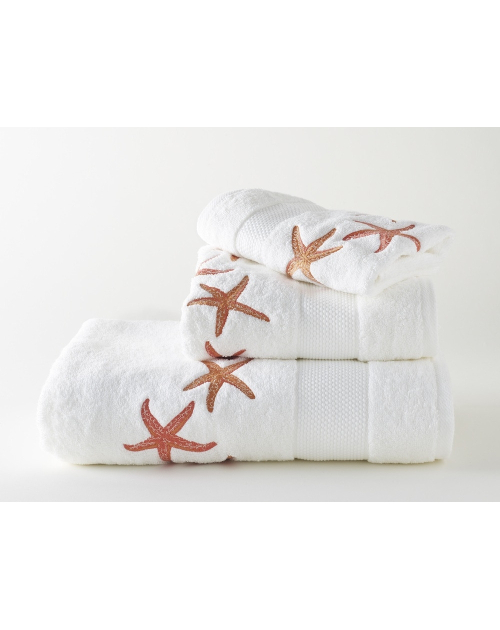 Serviettes éponge brodées STARFISH (blanc - corail) - Noël Paris