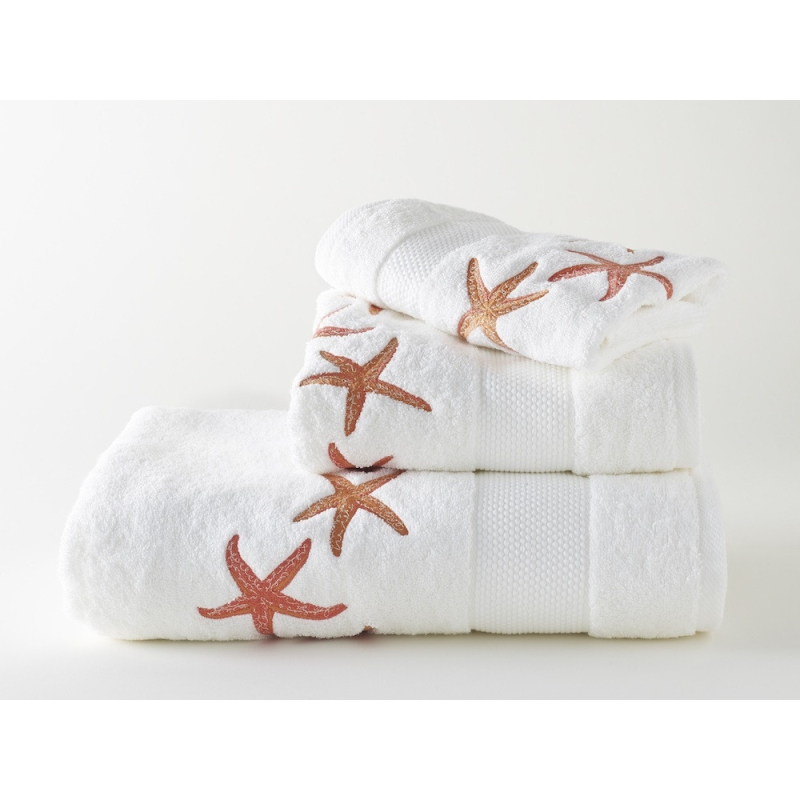 Serviettes éponge brodées STARFISH (blanc - corail) - Noël Paris