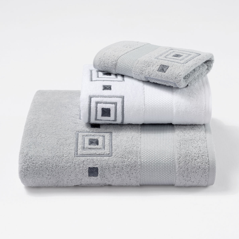 Serviettes éponge brodées PRISME (blanc-gris/ gris-gris) - Noël Paris