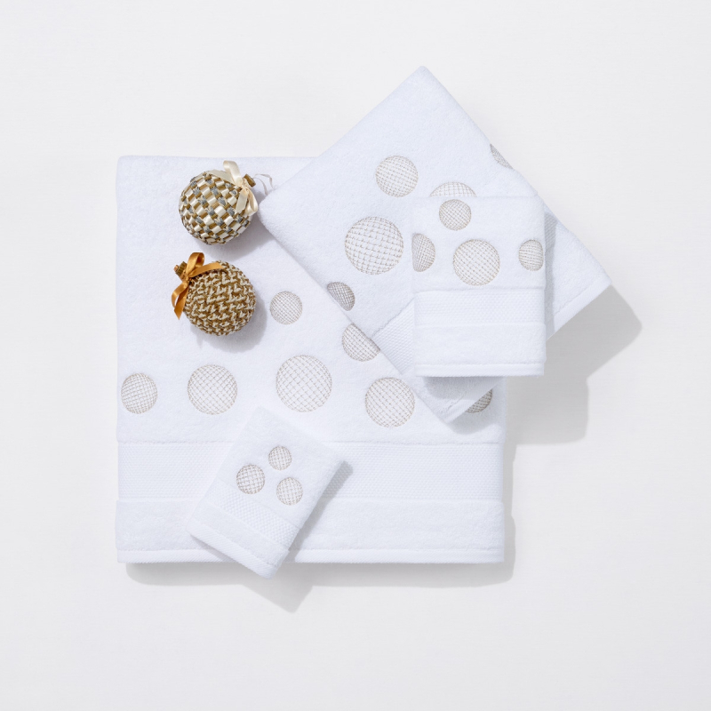 Serviettes éponge brodées BULLES (blanc-aluminium) - Noël Paris