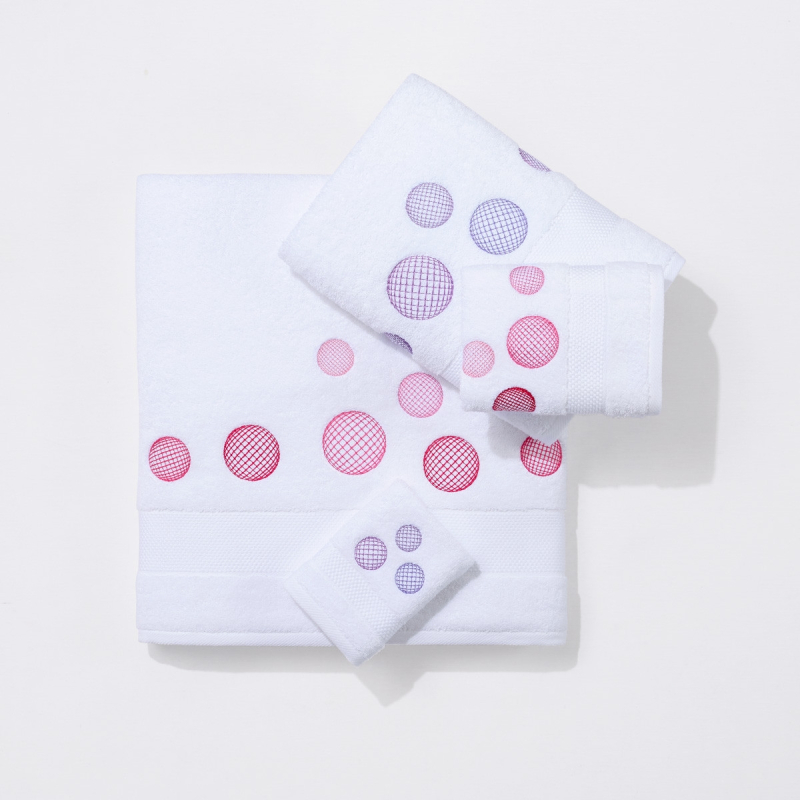Serviettes éponge brodées BULLES (blanc-mauve/ blanc-r... - Noël Paris