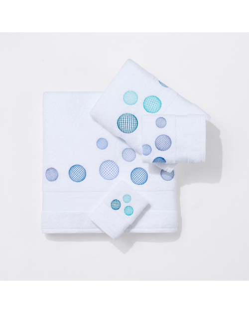 Serviettes éponge brodées BULLES (blanc-bleu/blanc-tur... - Noël Paris