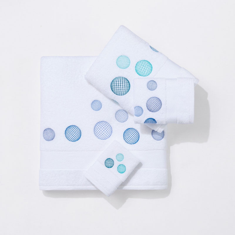 Serviettes éponge brodées BULLES (blanc-bleu/blanc-tur... - Noël Paris