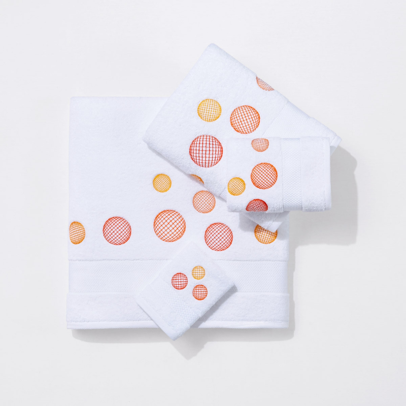 Serviettes éponge brodées BULLES (blanc-orange) - Noël Paris