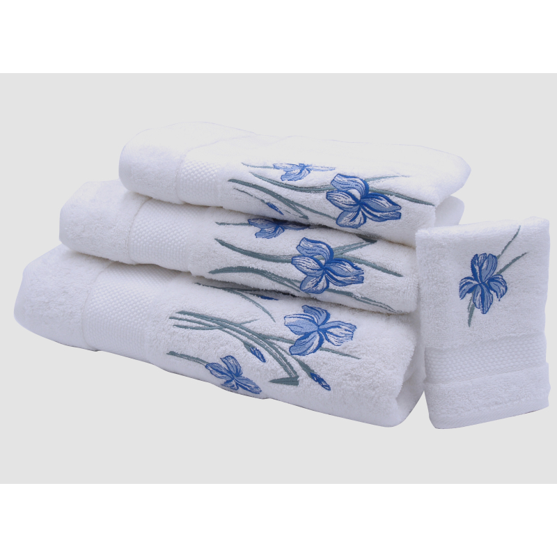 Serviettes éponge brodées "Fleurs d'Iris" ( jaune-bleu-vert)