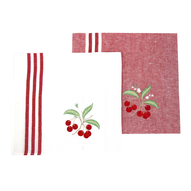 Torchon brodé "Cerises"