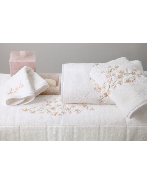 Serviettes éponge brodées FLEURS DE POMMIER (rose - blanc)