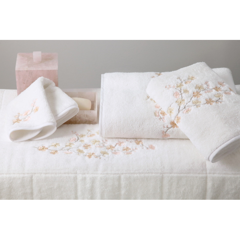 Serviettes éponge brodées FLEURS DE POMMIER (rose - blanc)