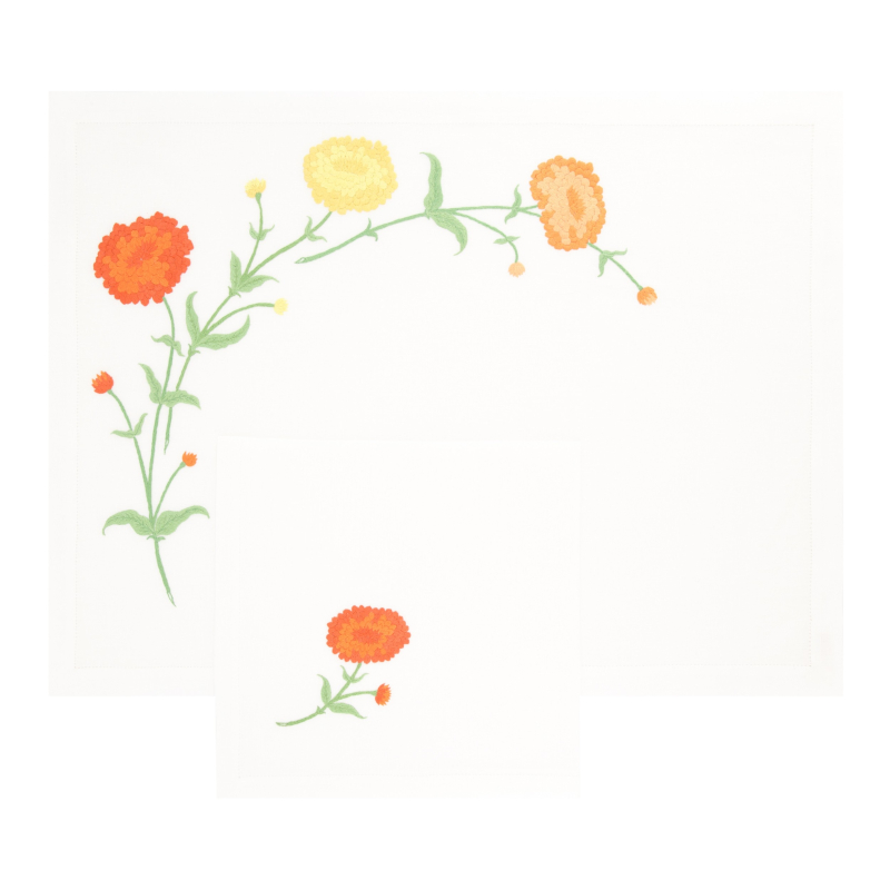 Set de table et serviette "Zinnias"  - brodés main